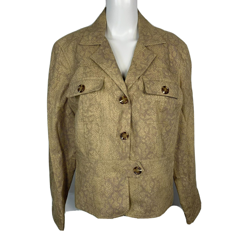 Worthington Jacket Blazer Womens 16 Beige Snake Print Linen Lightweight Buttons